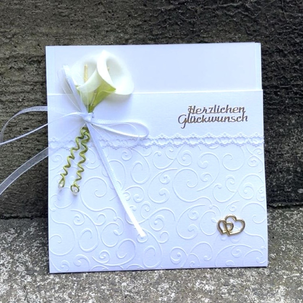 Edle Hochzeitskarte Glückwunschkarte zur Hochzeit weiß Geldkarte Geldtasche Callas gold